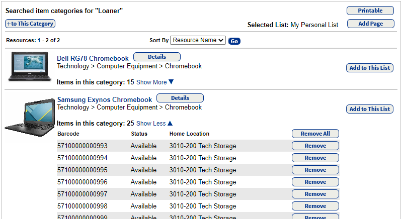 Resource in Item Category Show More to see Remove All and Remove buttons. 
